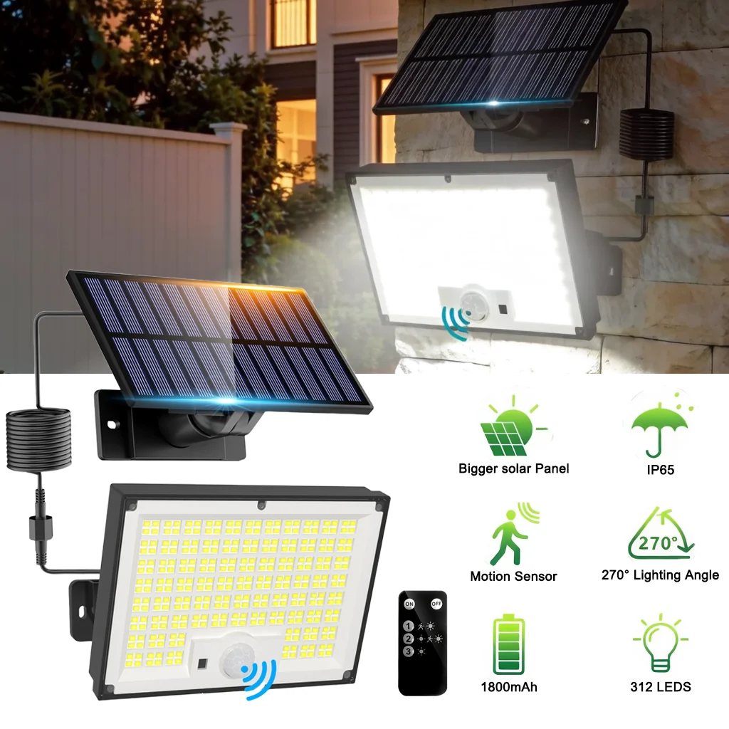 

312 LED Solar Security Wall Light, Motion Sensor Remote Control Dusk to Dawn IP65 Waterproof Outdoor Light for Garden Garage