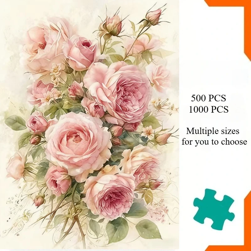 500/1000/1200/2000PCS Puzzles for Adults Soft Pink Roses Bouquet Jigsaw Puzzles Brain Challenge Game Gift Home Decor