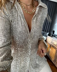 Fashion Woman Blouse 2024 Spring Allover Sequin Buttoned Long Sleeve Casual Turn-Down Collar Plain Daily Shirt Top Y2K Clothes