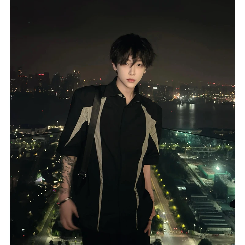 Deconstructed Patchwork Short Sleeve Men's Shirt Shoulder Pads Summer Design Unique Motorcycle Style Five-Quarter Sleeve High...
