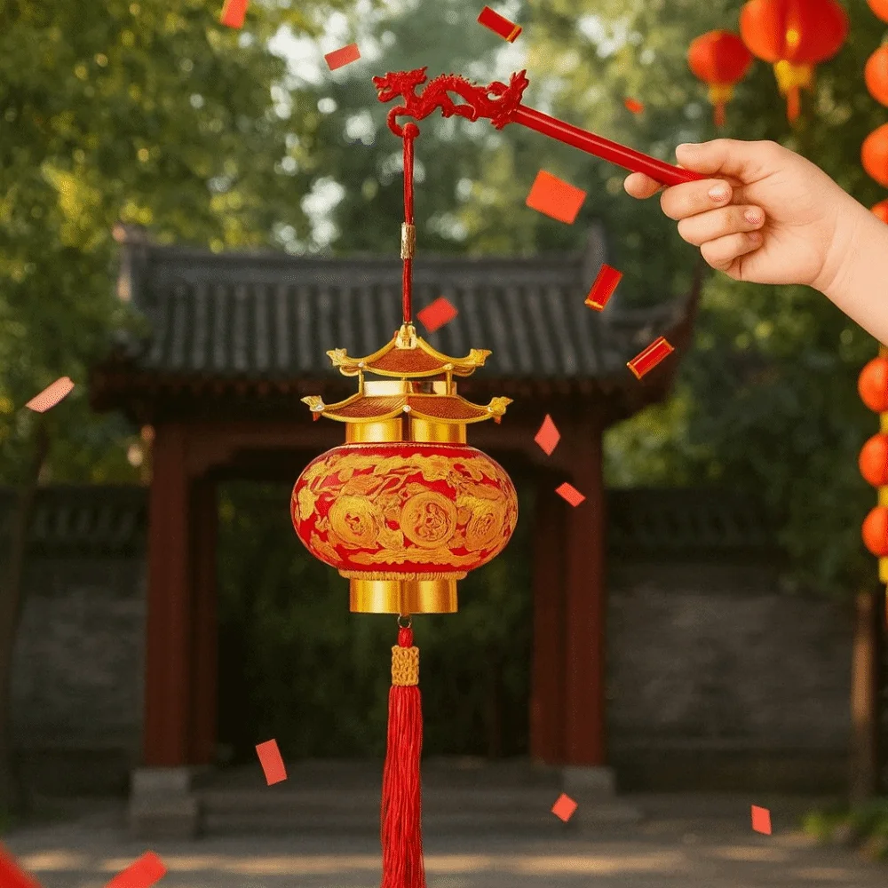 

Hot Stamping Relief Spring Festival Lanterns Handmade Chinese Style Pagoda Lantern with Tassel Glowing Projection Lanterns