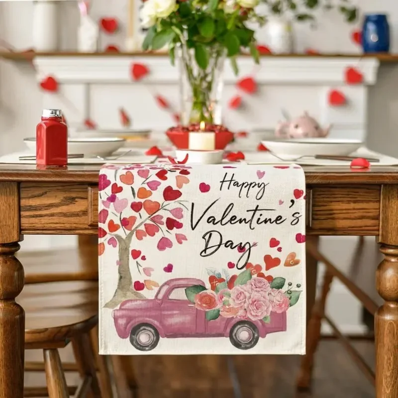 

Custom Table Runner Happy Valentine's Day Home Decoration Imitation Linen Love Truck Printed