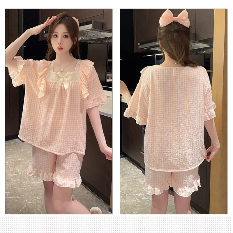 5XL Plus Size Women Summer Pajamas Short Sleeve Two-Piece Pj Sets Sleepwear Korean Style Loose Loungewear Button Down Homewear