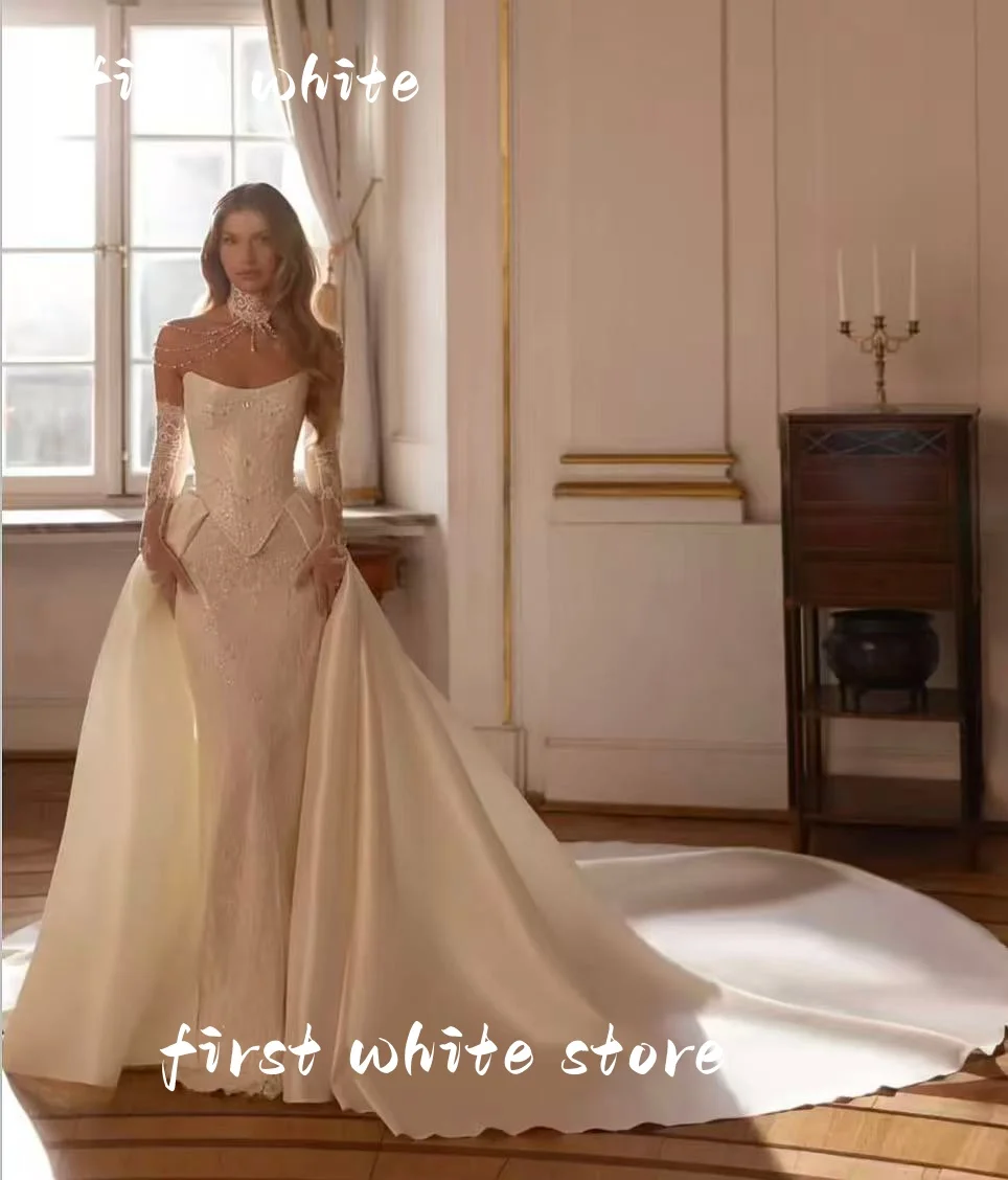 Customized Glitter Women's Bridal Gowns Sexy Off Shoulder Sleeveless Mermaid No Gloves Wedding Dresses robe de mariée vestidos