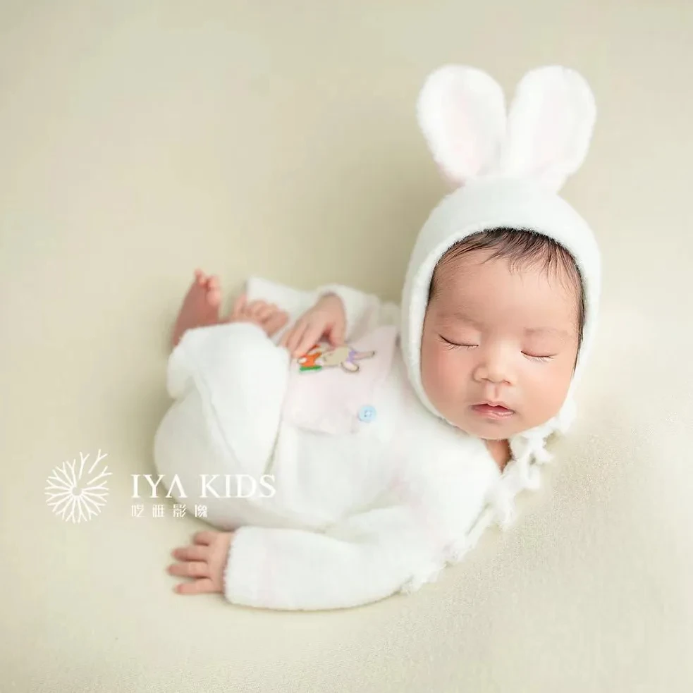 Fuzzy Newborn Bunny Outfit for Photography Props Knitting Pattern Newborn Bunny Romper Open Foot Baby Photo Rabbit Sleeper