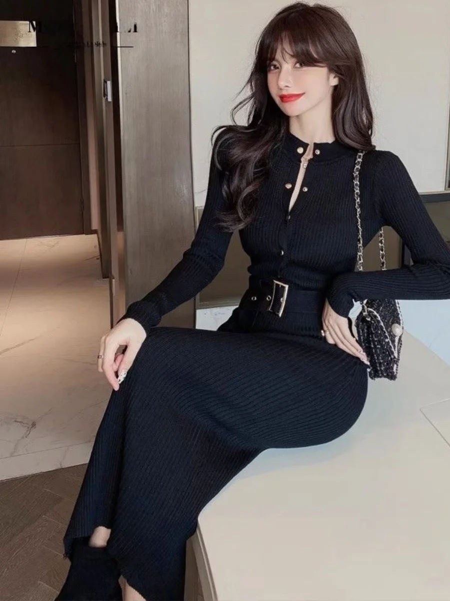 Korean Style Long Sleeve Knitted Dress Slimming Autumn Winter Fashionable Dress Lengthening Goddess Personality Women's Dress