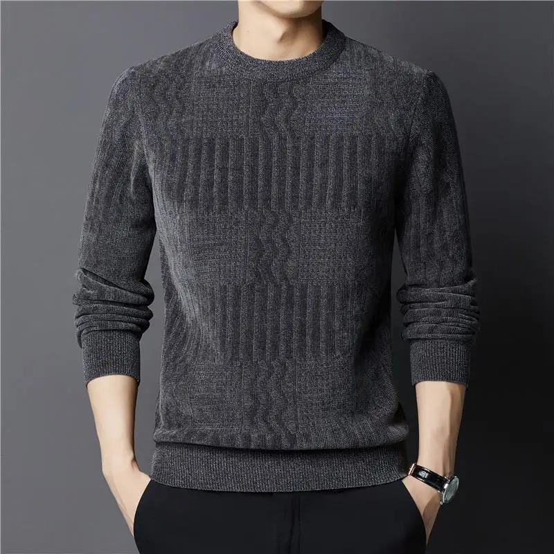 

2024 Autumn And Winter Solid Color Plush Youth Men's Sweater Slim Fit Versatile Round Neck Knitted Bottom Shirt Top A35