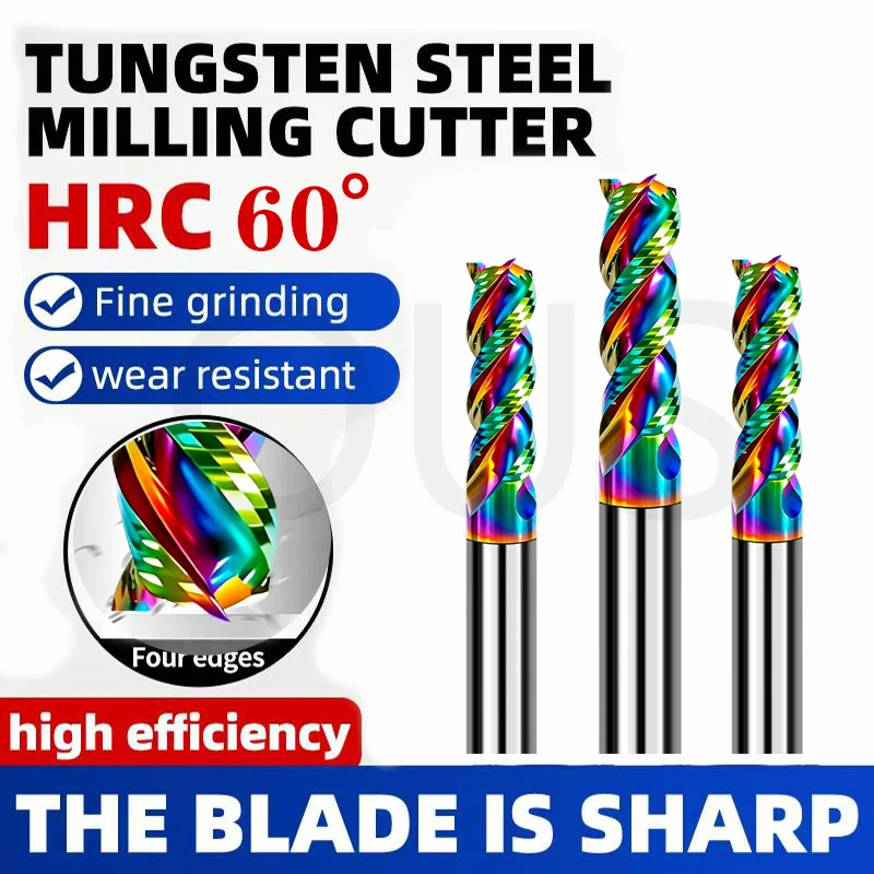 HRC60 3-Flute Color DLC Coating Flat U-Shaped End Mill Steel Carbide For Aluminum Milling Cutter CNC Machinery Endmills Tools