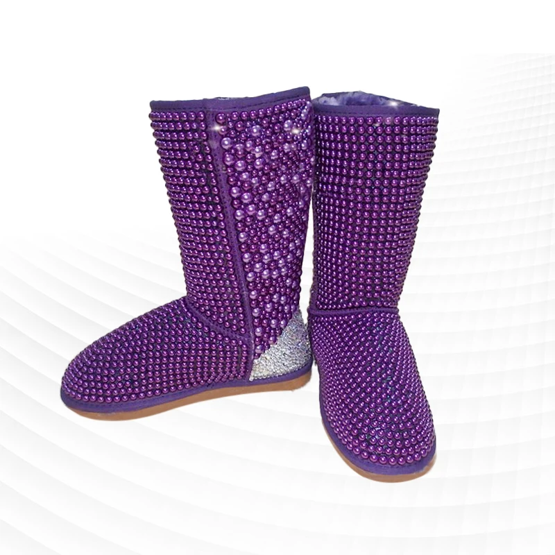 Purple high cylinder pearl rhindiamonds banquet party fur one snow boots hand custom thick women's cotton shoes 35-44