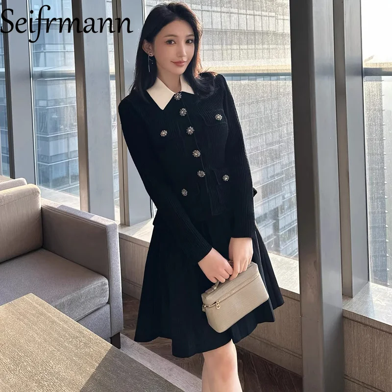 Seifrmann 2026 Spring Women's New Fashion Round Neck Long Sleeve Single breasted Knitted pleated Dress
