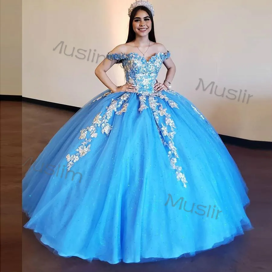 Classy Blue Appliques Quinceanera Gaun 2021 Lengan Glitter Korset Gaun Bola Gaun Prom Ulang Tahun Yang Indah Kontes