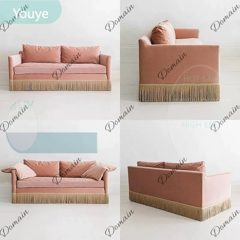 ZL Vintage French Velvet Sofa Pink Small Double Seater Removable Washable Fringe Straight Row for Apartment Photography Props