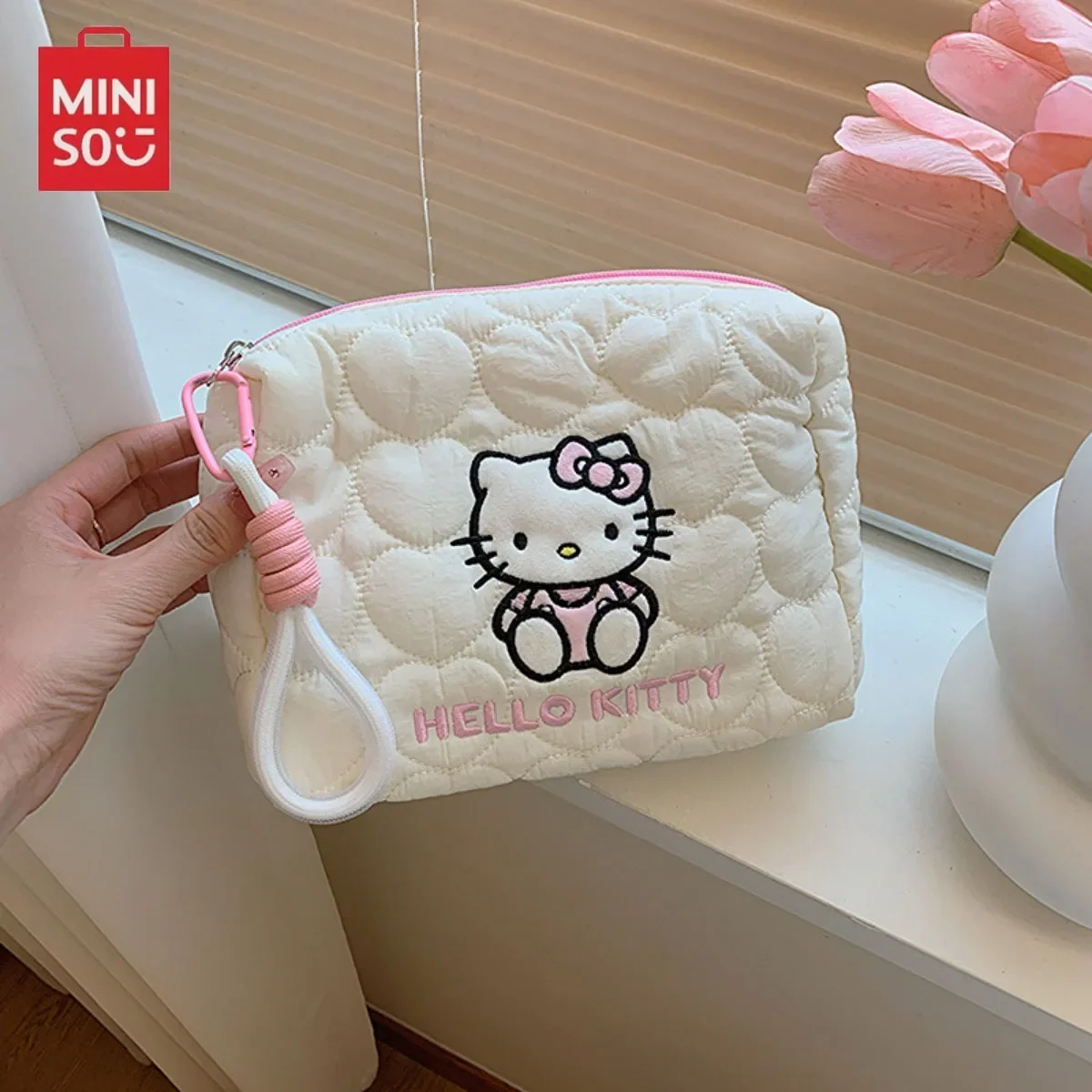

MINISO Hello Kitty Makeup Bag Large Capacity Cartoon Kawaii Toiletry Storage Portable Simple Travel Bag Simple Trendy Design