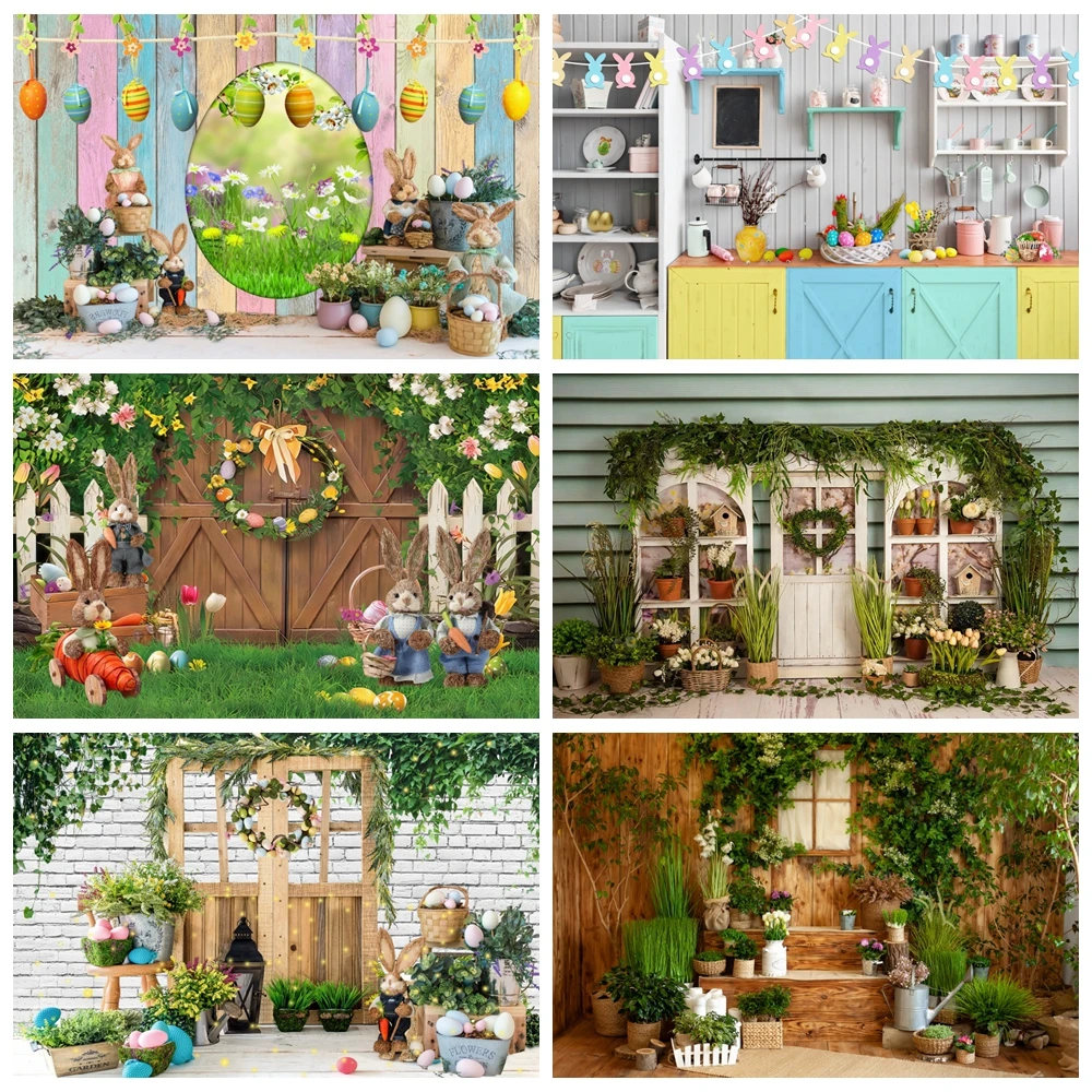 

Easter Backdrop Spring Garden Floral Rabbit Fence Green Grass Colorful Eggs Photography Background Kids Baby Party Deco