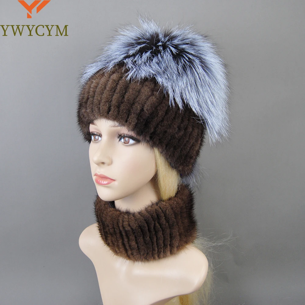 

Natural Warm Mink Fur Hat Scarf Sets Women Winter Knit Real Mink Fur Hats Scarves 2 Pieces Quality 100% Genuine Fur Cap Muffler