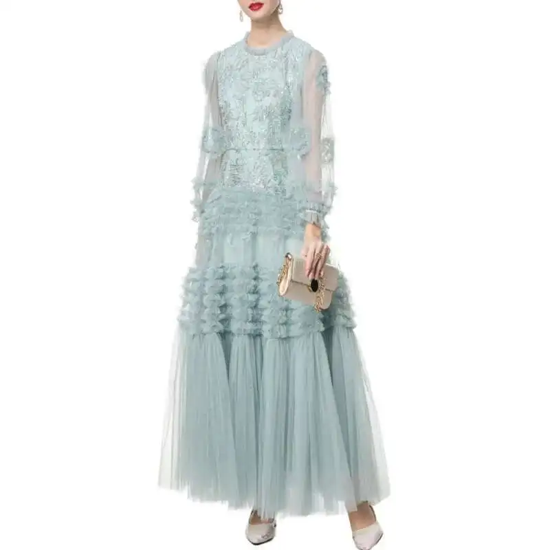 Qmqa moda feminina elegante grânulo lantejoulas malha emenda manga comprida cintura alta vestidos formais 2025 primavera feminino novo qm240