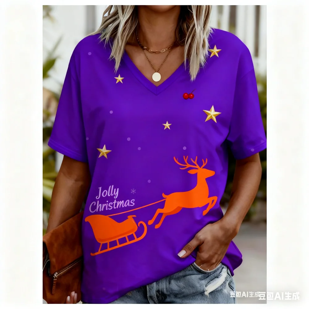크리스마스 여성 티셔츠 3D 패턴 인쇄 v 넥 티셔츠 빠른 건조 새해 티셔츠 새로운 여성상의 여성용 y2k 의류