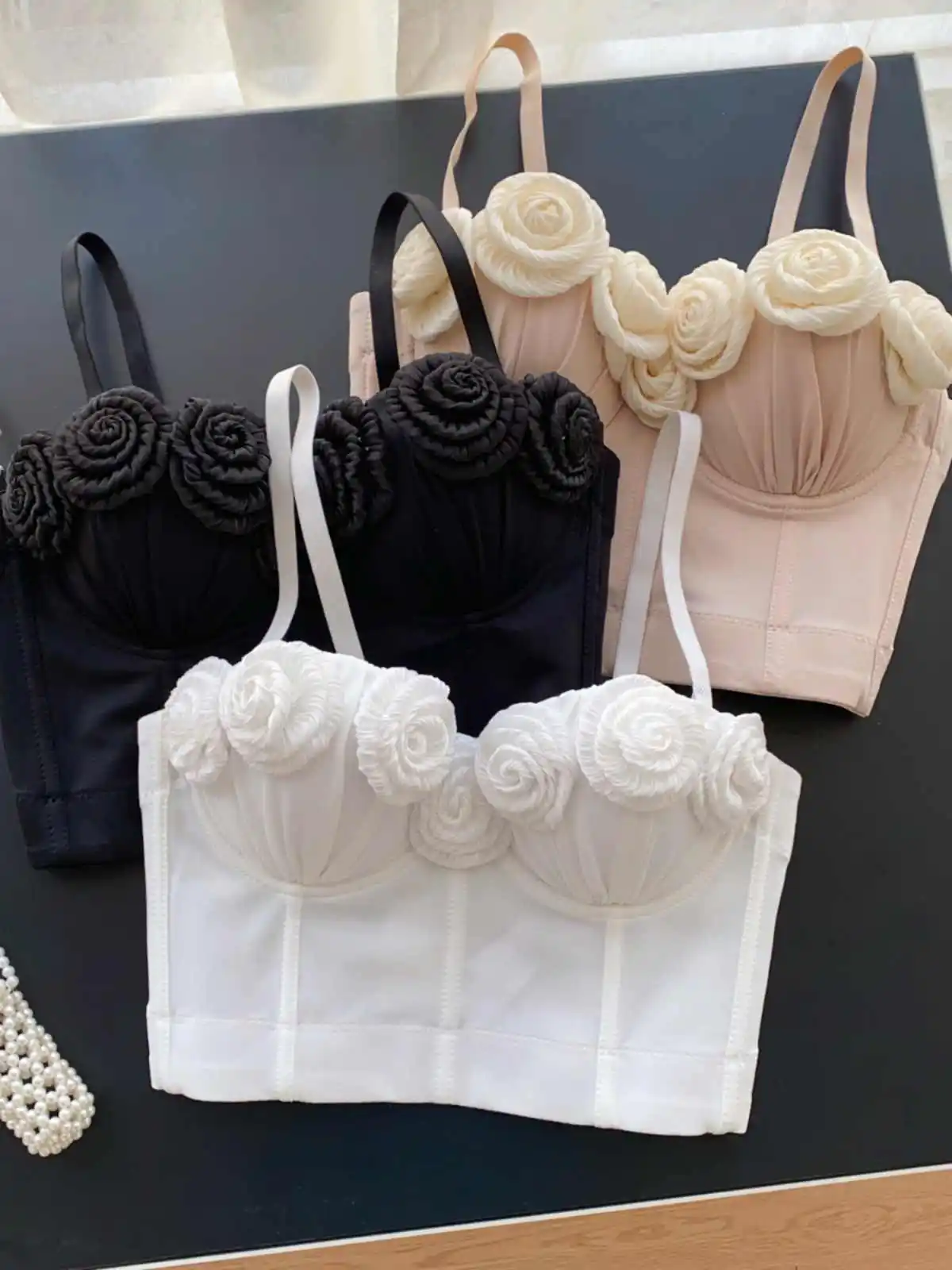 

Women's White 3D Floral Crop Top 90s Vintage Y2k Camisole Off Shoulder Corset Top Vest Luxury Tank Top 2000s Clothes 2025 Summer