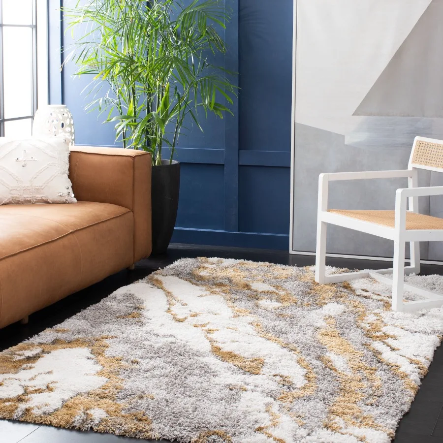 Horizon Konstantinos Abstract Shag Area Rug Grey Gold 4' x 6' view 2