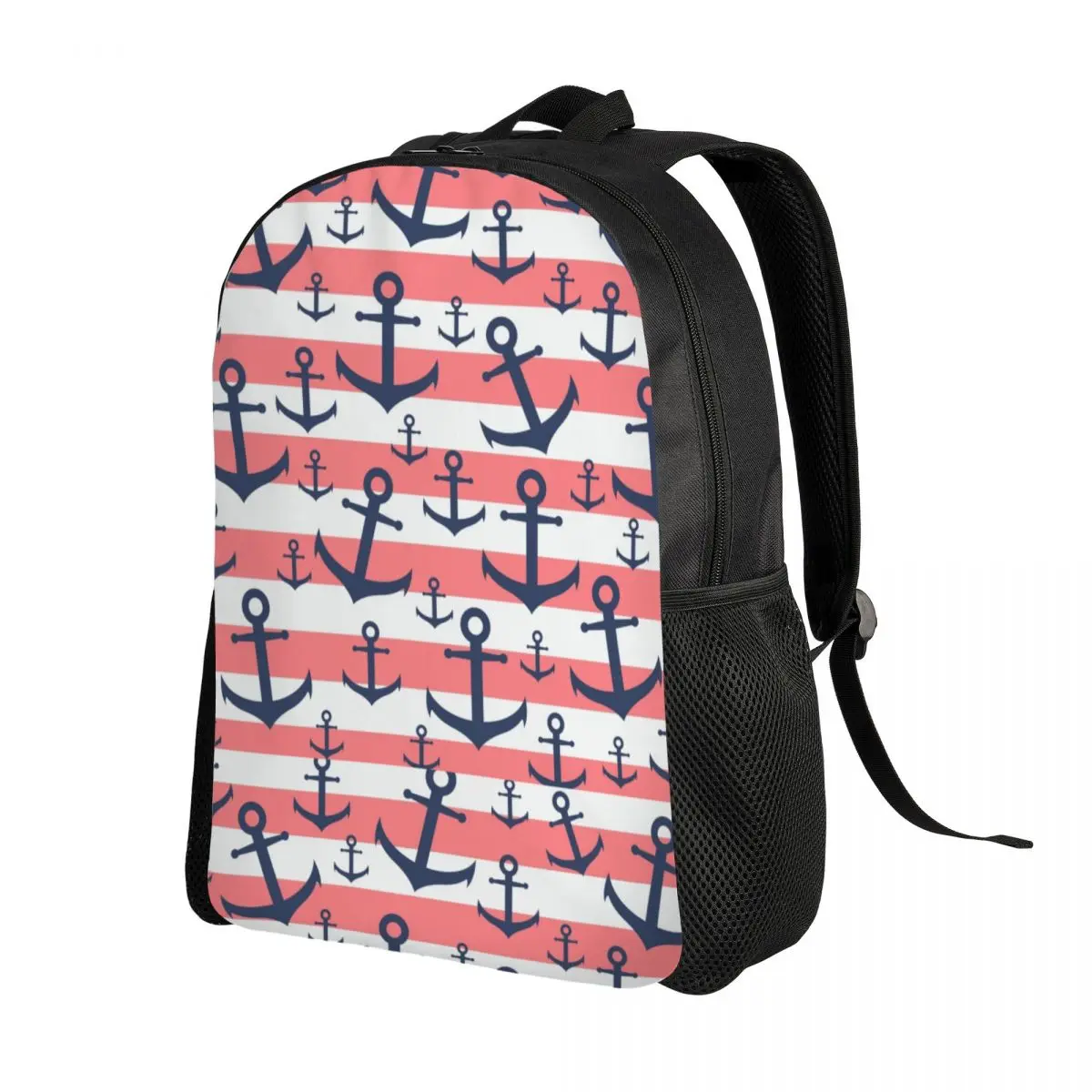 Nautical Coral Stripe Navy Blue Anchor Pattern Laptop Backpack Women Men Bookbag for College School Student Sailing Sailor Bags