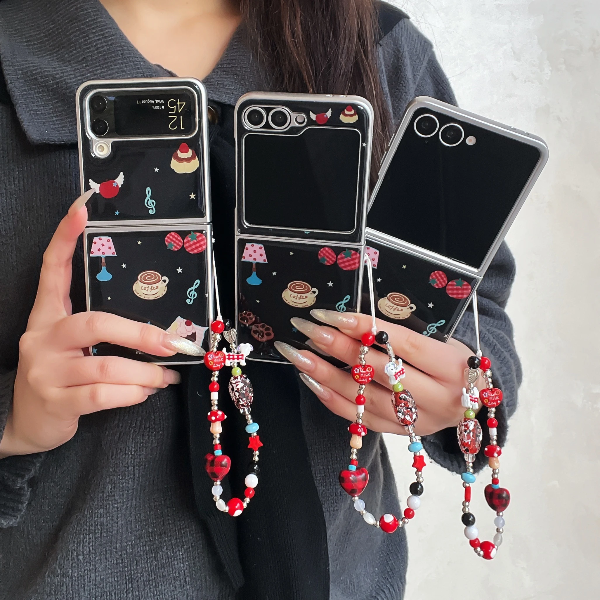 Koreanische süße Kuchen-Kaffee-Glanz-Handyhülle für Samsung Galaxy Z Flip 7 6 5 4 3 ZFlip6 Flip7 Cover mit Kette Kawaii Cases Funda