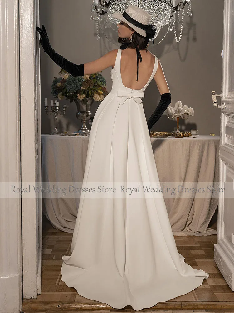 Wedding Dress Ivory Satin Tank Square Collar Sleeveless A Line Wedding Gowns for Bride Belt Bow Ruched Elegant Bridal Dresses