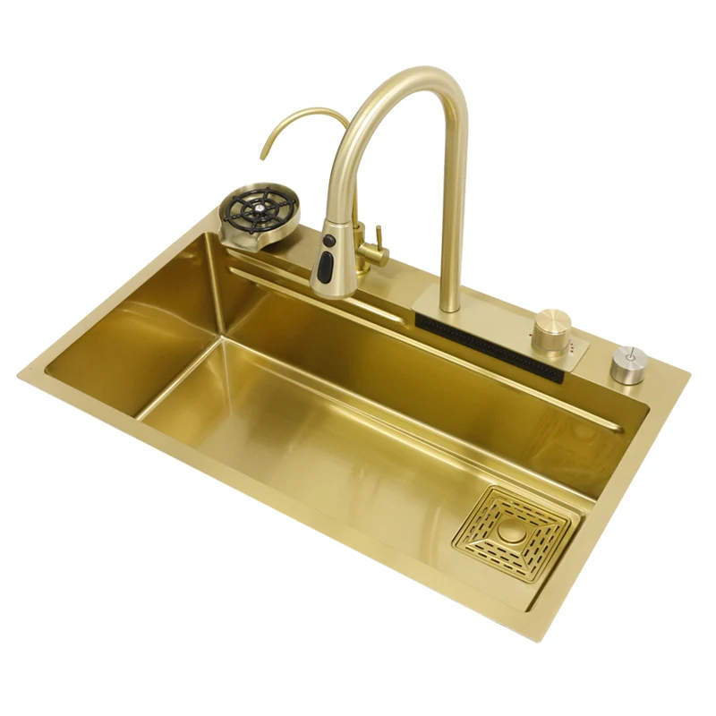 

304 Stainless Steel Waterfall Kitchen Sink Gold Modern Multifuctional Large Size Sink Above Counter Apron Front Installation