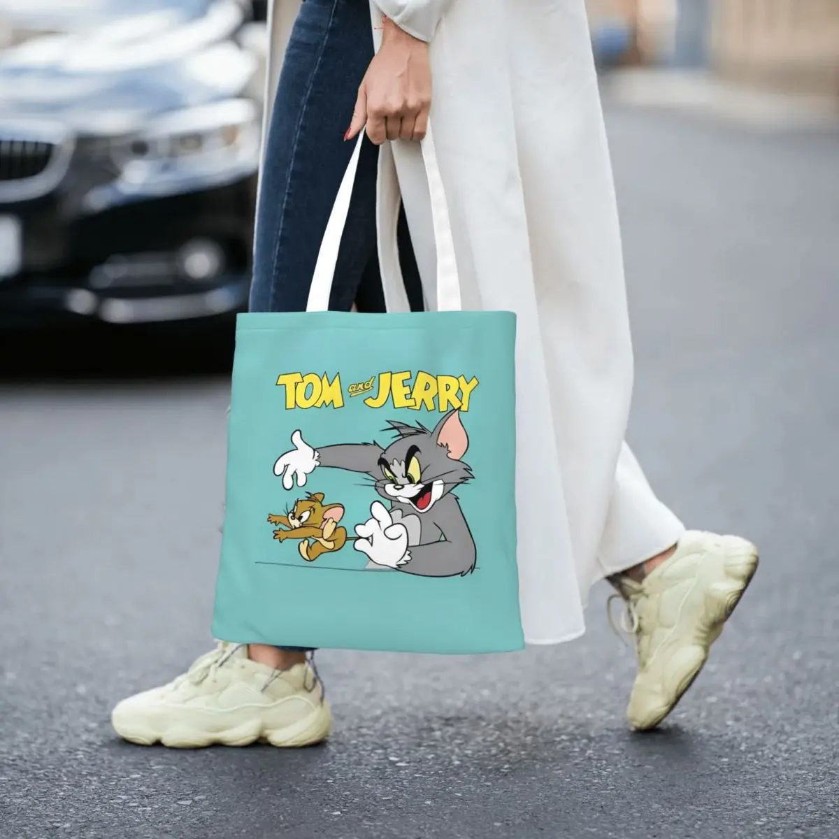 Tom y Jerry película gato y ratón bolsas de mano bolso de mujer bolso de hombro plegable para estudiante bolsa de comestibles reutilizable