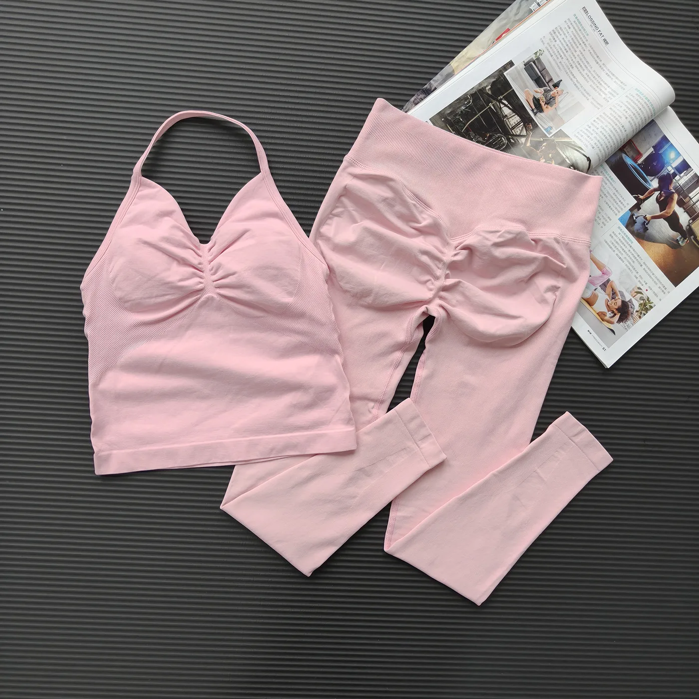 Damen High-Waist 2-Teiliges Yoga-Set Leggings-Set Rückenfreies Sport-Set Tanktop Pilates Fitness Gym-Set Scrunch-Anzug Sportbekleidung – Detail 9