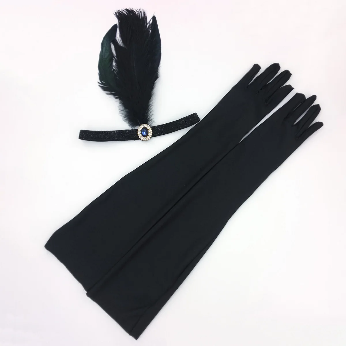 2PCS 1920s Headwear Gatsby Style Black White Red Grey Champagne Glove Accessories Feather Headband Accessories Set Party Ball