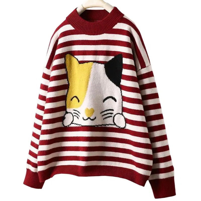 Novo Padrão Harajuku Stripe Cartoon Cat Malhas Femininas Doce Casual Girl Pullover Moda Romance Outono Inverno Mulheres Camisola