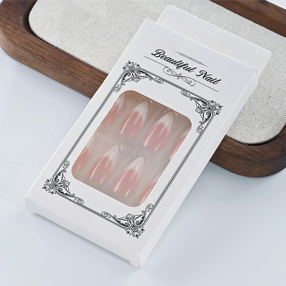 24 pçs rosa branco francês unhas falsas cobertura completa amêndoa unhas falsas acrílico wearable unhas artificiais imprensa em unhas dicas