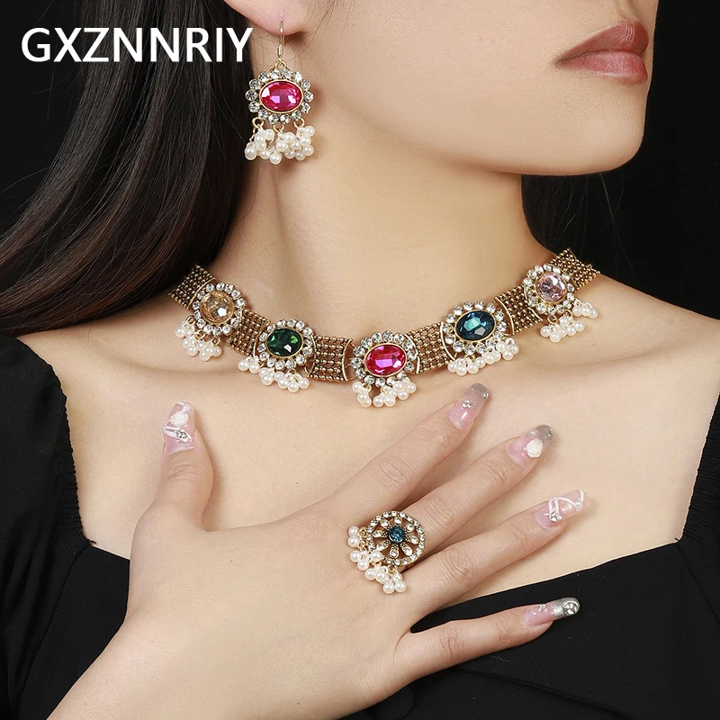 Vintage Crytal Jewelry Sets for Women Accessories Prom Rhinestone Antique Gold Color Necklace and Earrings Rings Set Party Gift