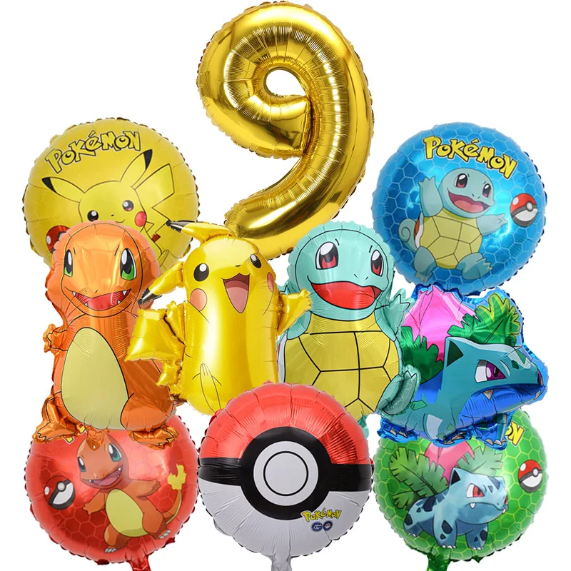 10 stks Pokemon Ballonnen set Pikachu Pokemon Bal Ballonnen 32 inch Goud Nummer Ballon 1-9 voor Kinderen 1-9e Verjaardagsfeestje Decoratie