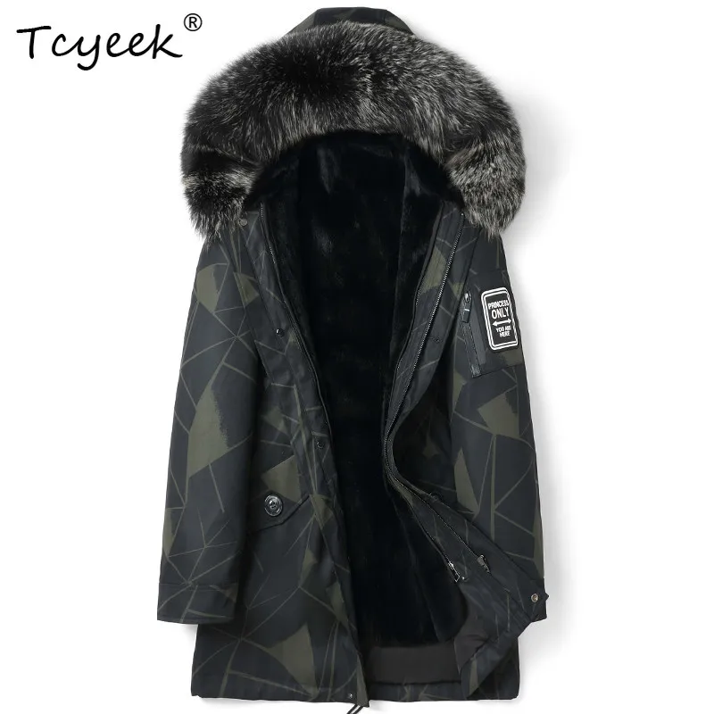 Tcyeel Real Rabbit Fur Coat Men Mid-long Parka Winter Clothes Liner Detachable Trendy Mens Coats Slim Fit Sliver Fox Fur Collar