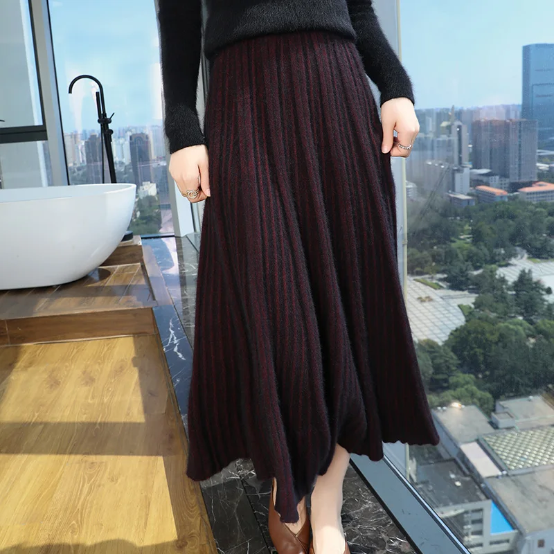 Autumn Winter Knitted Skirt Ladies Pure Cashmere Skirt Women's High Waisted Elastic Pleated Skirt A-Line Skirt Slim Long Skirt