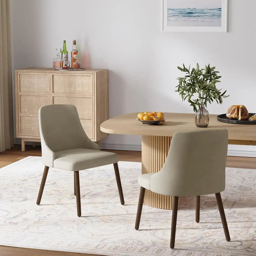 

Pair of Mid-Century Modern Upholstered Dining Chairs with Solid Wood Legs, Beige Linen Fabric