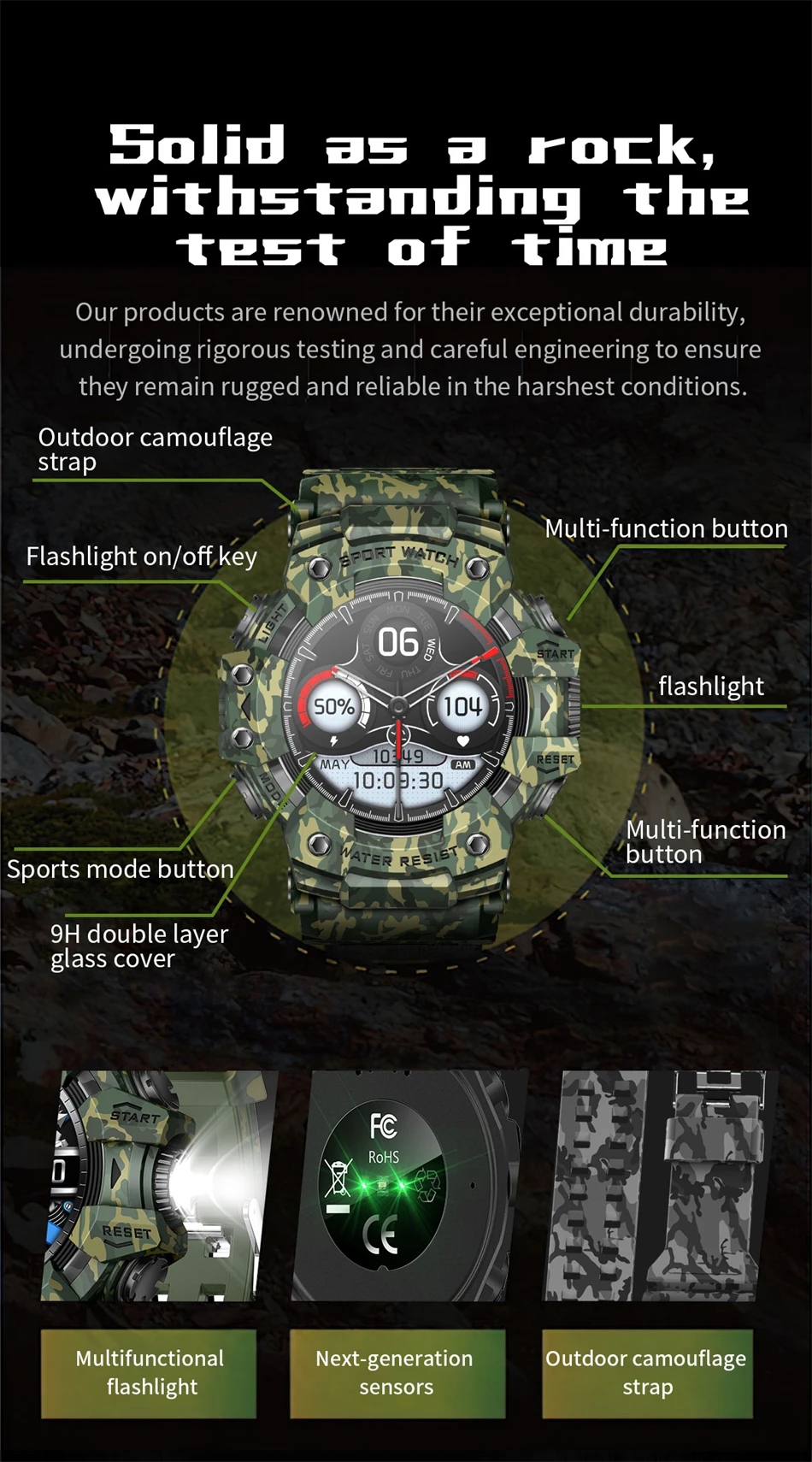 Neue Militär-Sport-Smartwatch für Herren, 100+ Sportarten, Outdoor-Fitness, Kompass, Herzfrequenz, BT-Anruf, wasserdichte Smartwatch für iOS und Android – Detail 4