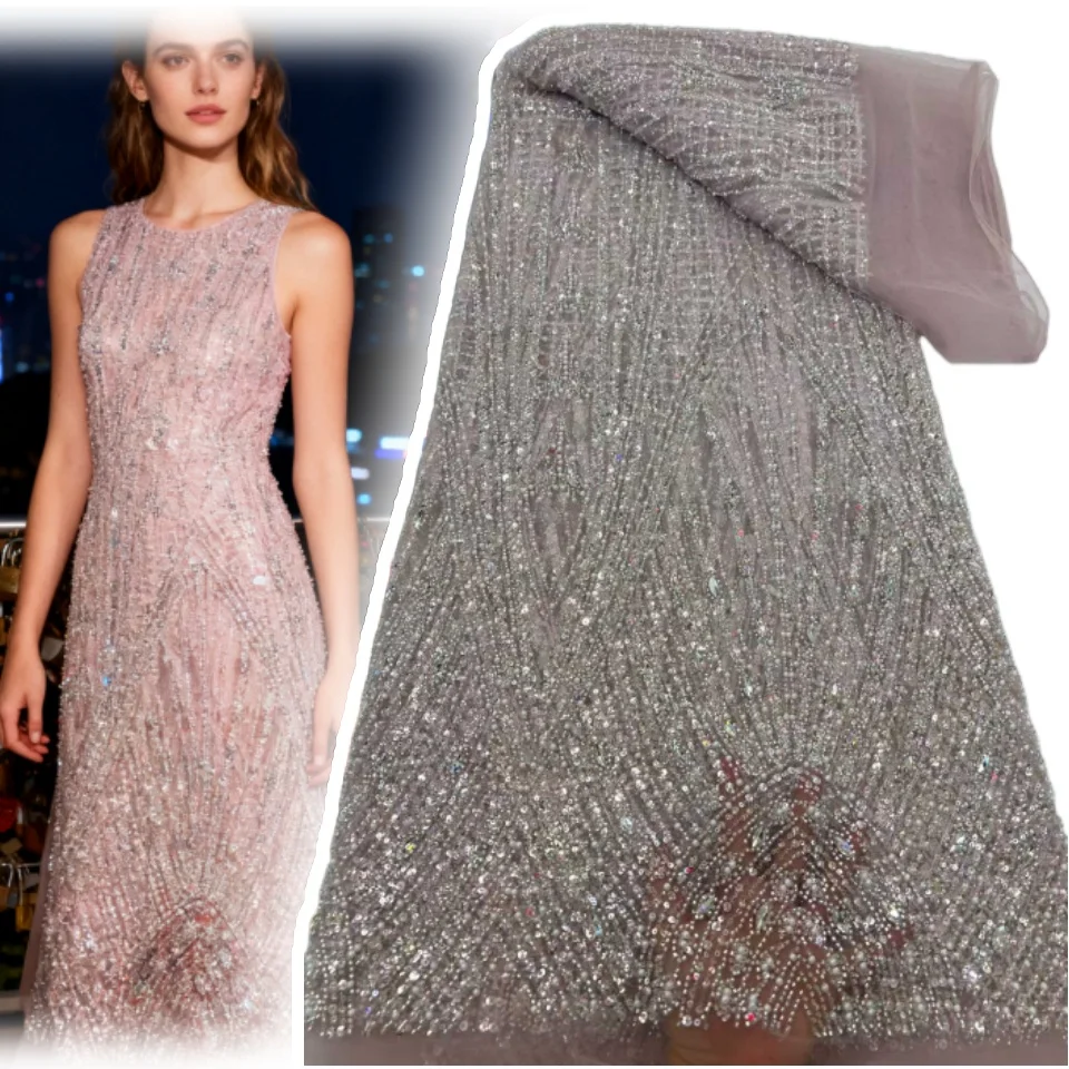 

African Handcrafted Beaded Lace Fabric 5 Yards of Premium French Mesh Sequined Lace Nigerian Fabric Bridal Party Dresses 1931