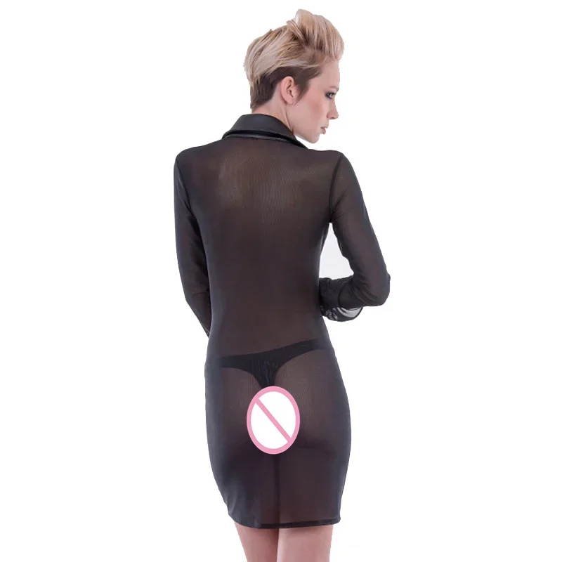 Gestreiftes, durchsichtiges, geknöpftes Damen-Hemd aus Netzstoff mit langen Ärmeln und tiefer Schulterpartie