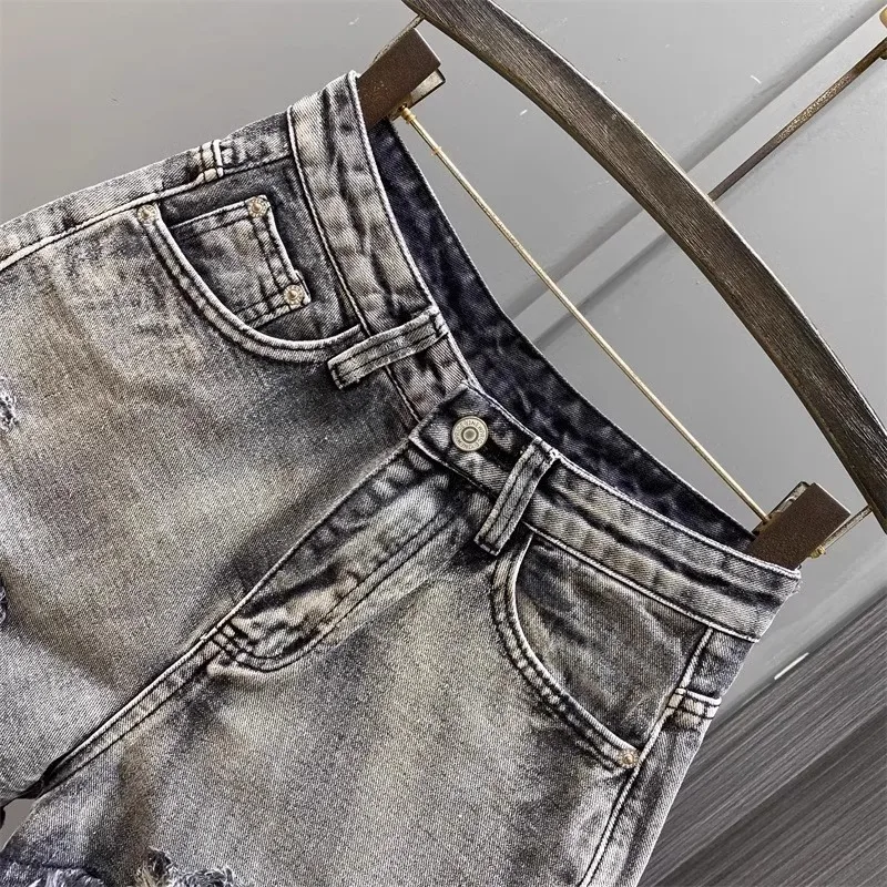 Worn Legs with Rough Edges Washed Black Denim Shorts 2026 Summer New Women Fashion A-line Wide Leg Hole Ripped Denim Shorts