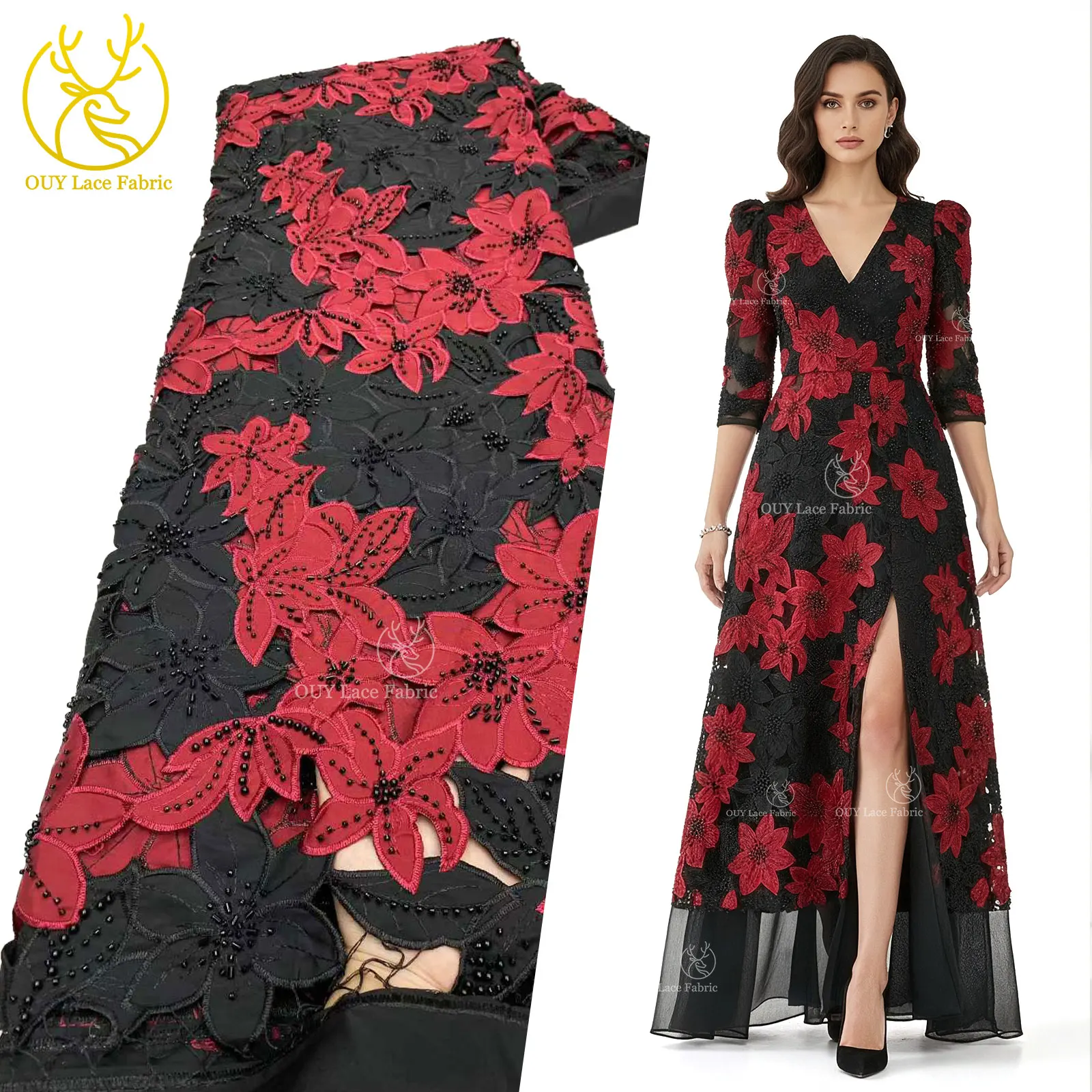 

Women's African Beaded Embroidery Fabric 2026 Newest Nigerian Sequined Fabric Suitable for Women's Garment Sewing 5 Yards