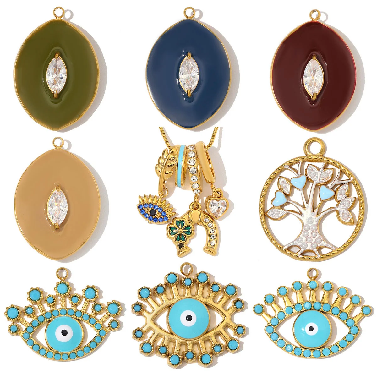 3 Stück/Set Edelstahl-Strass-Scheiben, quadratische Herz- und Halbmond-Anhänger, DIY-Schmuck, Stern-Halsketten-Anhänger, Augen-Schmuck, Großhandel