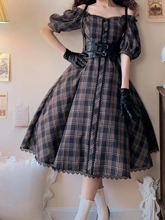 Preppy Style Op Plaid Elegant Slim Lolita Dress 2024 Spring and Summer Women Girls Short Sleeve JK Calf-length Dresses