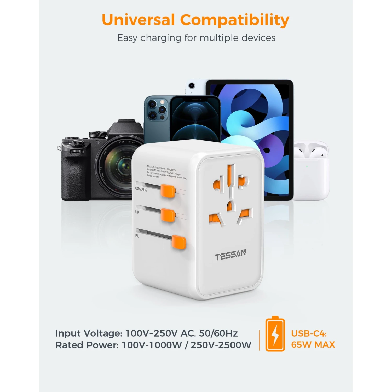 TESSAN 65W GaN Universal Travel Adapter Worldwide with USB and Type C Fast Charging Power Adapter EU/UK/USA/AUS Plug for Travel