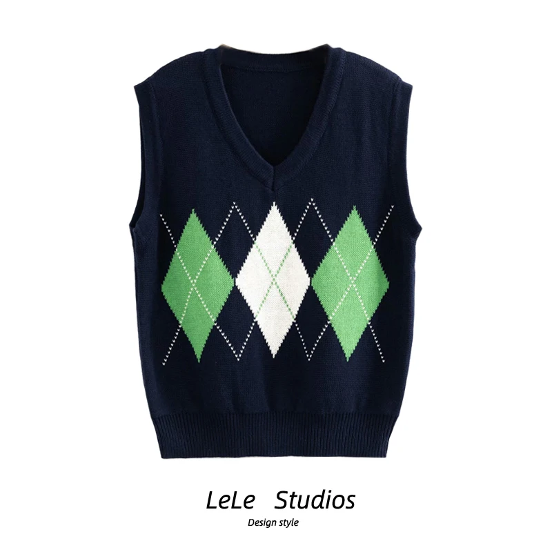 

Вязаный облегающий жилет в американском стиле ретро с v-образным вырезом, цветной жилет с ромбовидным узором, модный женский свитер для поездок на работу