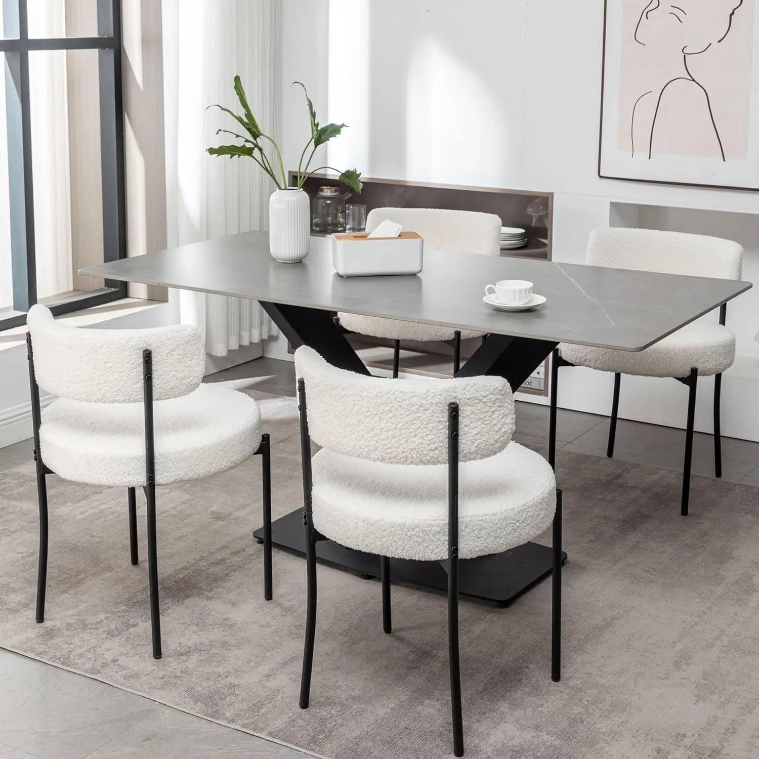 White Boucle Dining Chairs Set Of 4, Upholstered Dining Room Chairs With Black Metal Legs, Round Modern Dining Chair For Dining