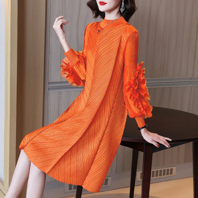 

YUDX Miyake Pleated Dresses for Women 2023 Summer Plus Size Ruffles Long Sleeve Vintage Style Elegant Early Autumn Fashion