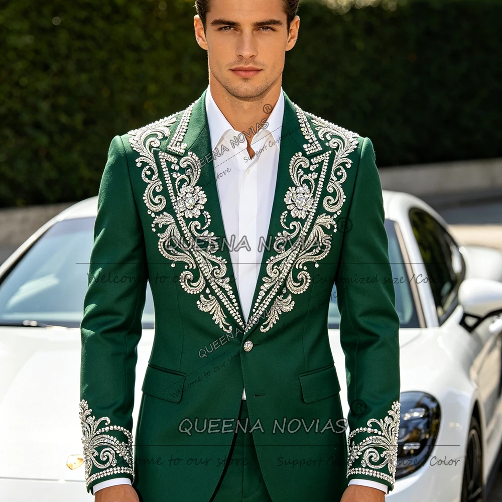 

Exquisite Deading Crystals Suit Men For Wedding Single Breasted Jacket Pants 2 Piece Sets Groom Tuxedos Customized Man Outfits