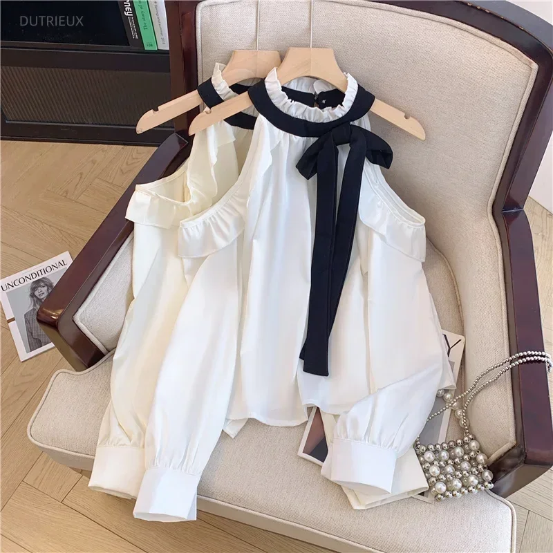 Camisas De Mujer 2026 Korean Blouse For Women Long Sleeve Off Shoulder Bandage Bow Sweet Shirts Loose Ruffles Bow Summer Tops